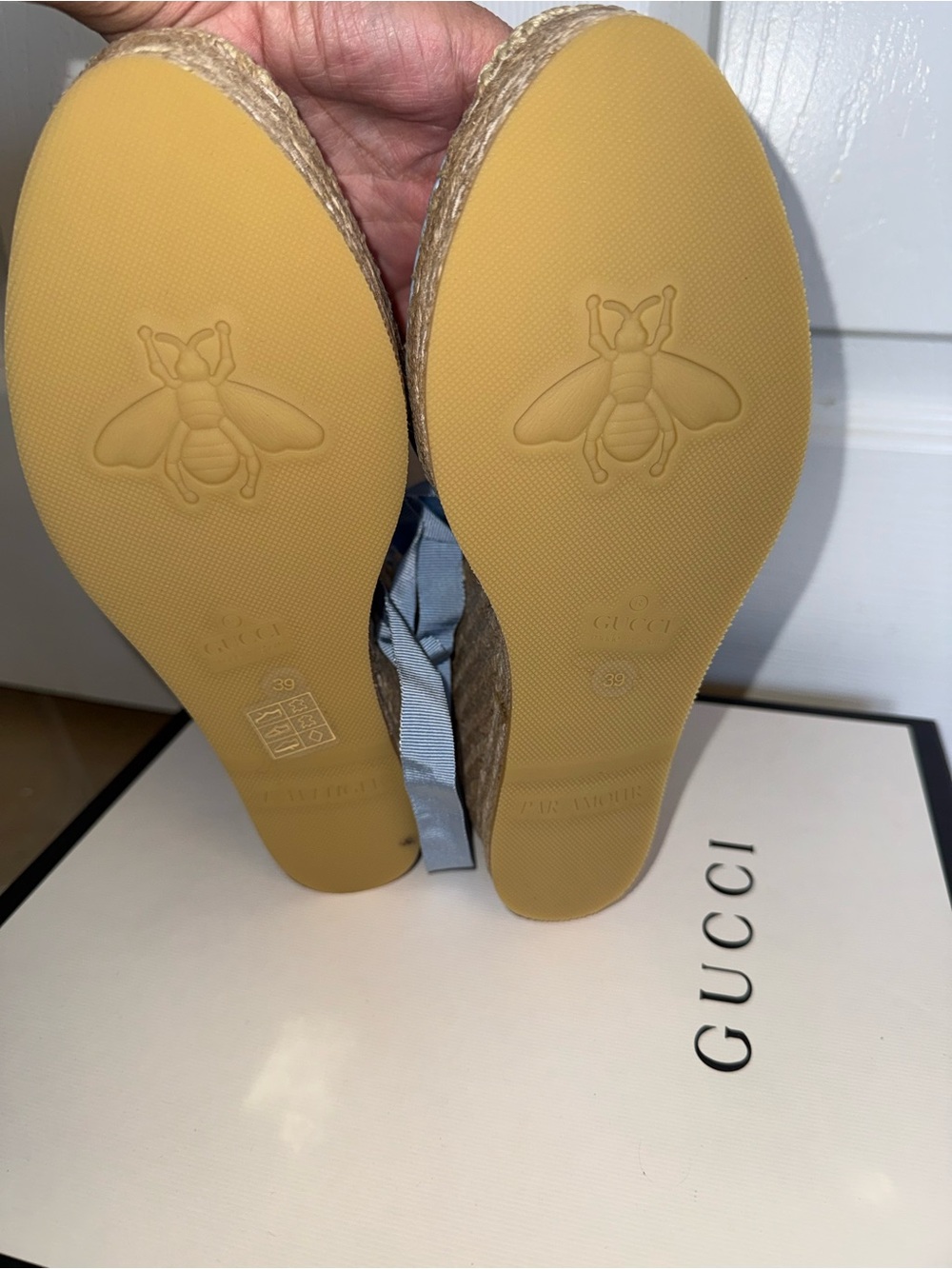 Gucci GG Marmont Espadrille Wedges Blue Leather Lace-Up Size 39 NIB - Picture 4 of 6